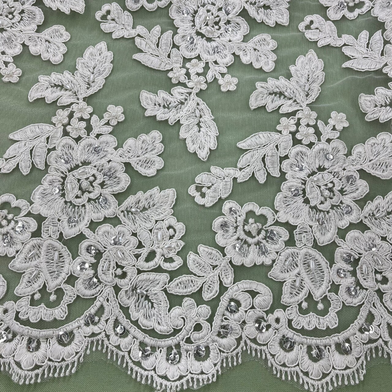 1 Yard Beaded & Corded Embroidered Bridal Lace Fabric, 100% Polyester Net Mesh, 52"-54" Wide
